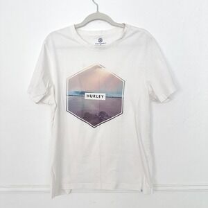 Hurley Mens Graphic T Shirt White Hexagon Beach Sunset Logo Size‎ Large